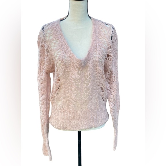 80s Regina Porter Vintage Open Knit Sweater Deep V Neck Pale Pale Pink Boho L - Picture 2 of 7